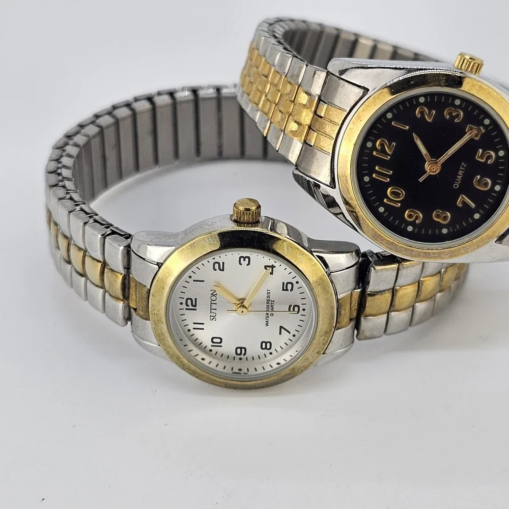 2X Women's Watches 24-25MM Gray Black Dial Two‎ Tone Bracelet 6.25